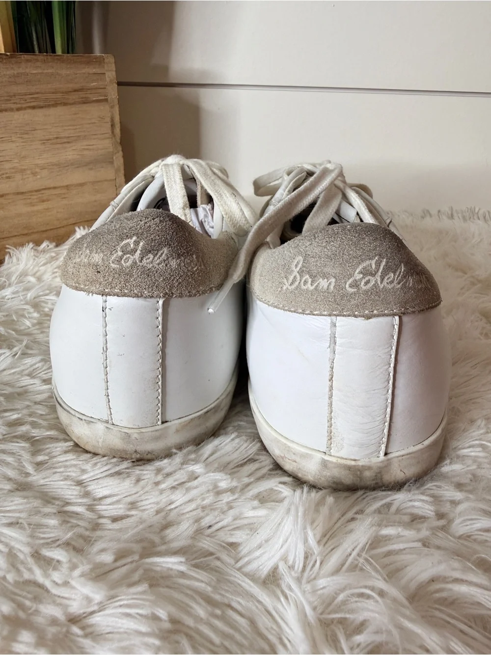 Sam Edelman Aubrie Leather Lace Up Cap Toe Laser Cut Sneakers White Taupe Sz 8.5